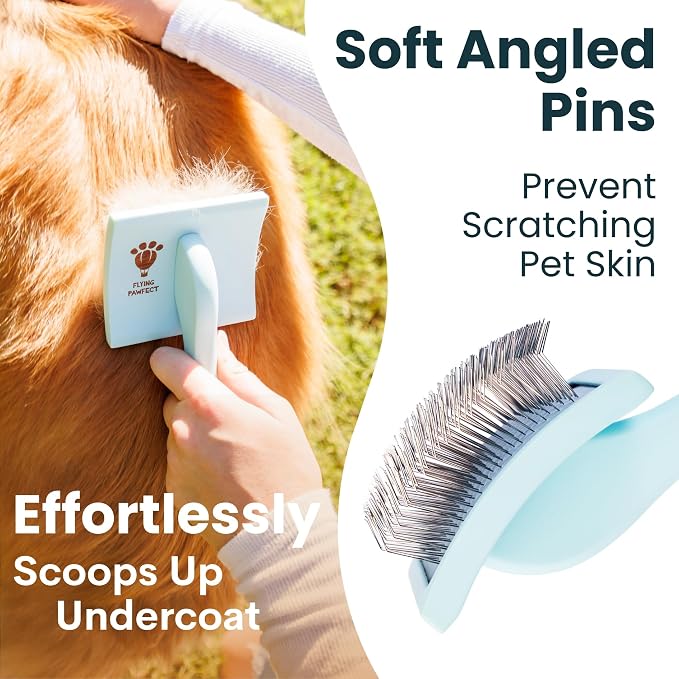 Pet Slicker Brush With Soft Massage Grooming Stainless Steel Pins - For Dematting, Shedding Fur, and Undercoat - Ideal Gift for Professional Pet Groomers - Long Slicker Brush (Blue, Curved Small)