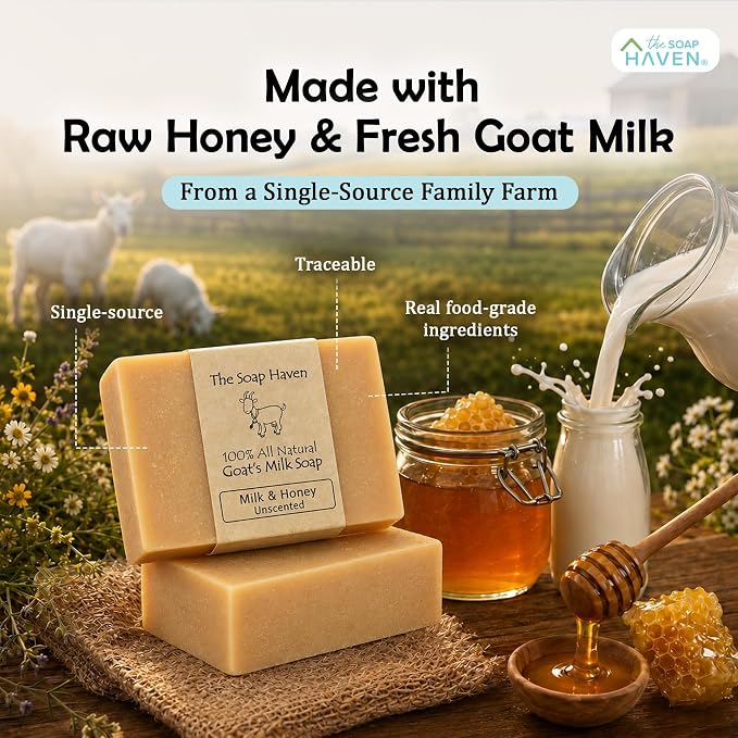 4 Goat Milk Soap Bars with Honey - Handmade in USA. All Natural Soap, Unscented, Fragrance Free, Fresh Goats Milk. Wonderful for Sensitive Skin and Babies. SLS, Paraben, GMO-Free