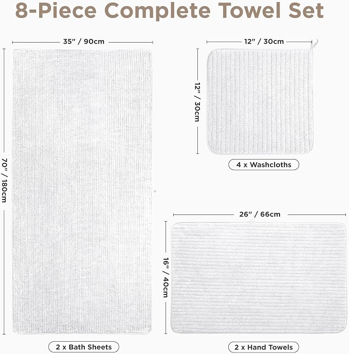 Oversized Bath Towels 8 Piece Towel Set, 2 Extra Large Bath Sheets, 2 Hand, 4 Washcloths, Luxury Soft Super Absorbent Thick Shower Towels for Bathroom, Spa & Hotel, Quick Dry, White