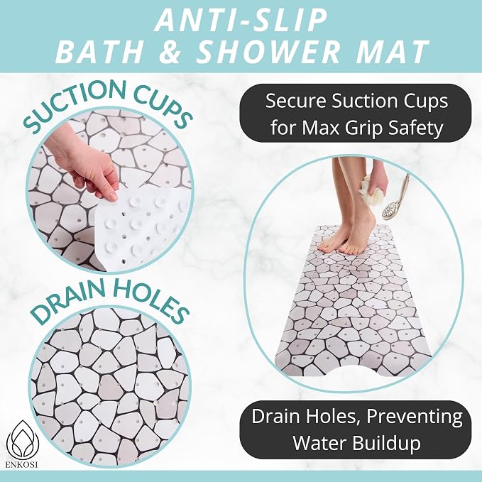 ENKOSI Bath Mat – Large 40 x 16 Inch Non-Slip Bathtub Mat with Secure Suction Cups & Drain Holes – Extra Long Bathroom Shower Mat for Tub with Grey Pebble Design (Grey Pebble 40x16)