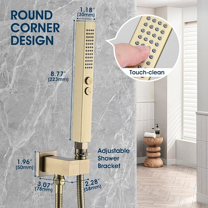 All-Metal High Pressure Square Handheld Shower Head with Jet Spray and Rainfall Modes, Volume Control Regulator, ON/OFF Switch, Hose and Wall Mounted Adjustable Bracket (Brushed Gold)