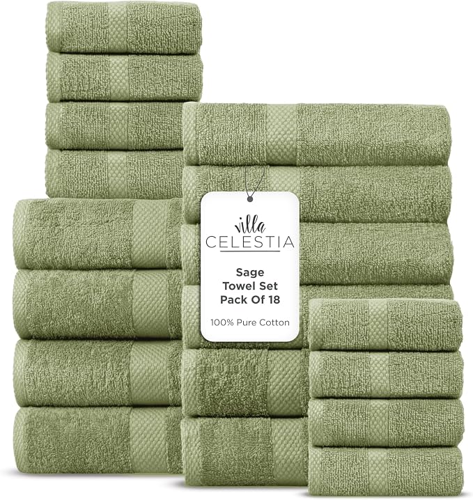 18-Piece 100% Cotton Towel Set, 4 Bath Towels, 6 Hand Towels, 8 Wash Cloth, Quick-Dry, Sage
