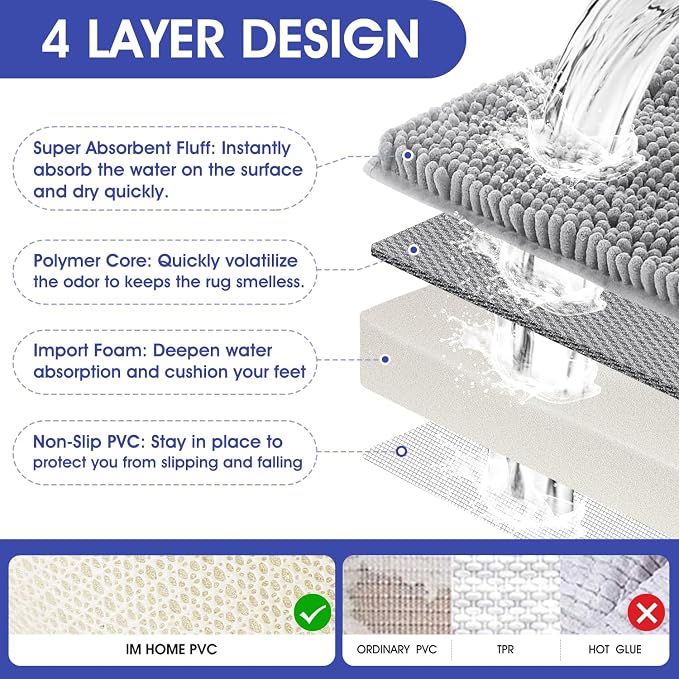 ACCUMTEK Striped Light Grey Toilet Bathroom Rug Mat Set 2 piece Rug Ultra Soft, Non Slip Chenille Bath Rugs, Absorbent Plush Shaggy Bath Mats for Bathroom, Bedroom, Kitchen, Shower, Tub