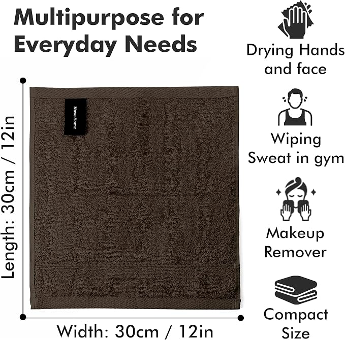 Face Towels Pack of 12 – 100% Cotton Wash Cloths (12x12 inch) – 550 GSM Soft, Quick Dry & Highly Absorbent Ring Spun Cotton Towels for Bathroom, Spa, Gym, Kitchen and for Daily Use - (Dark Brown)