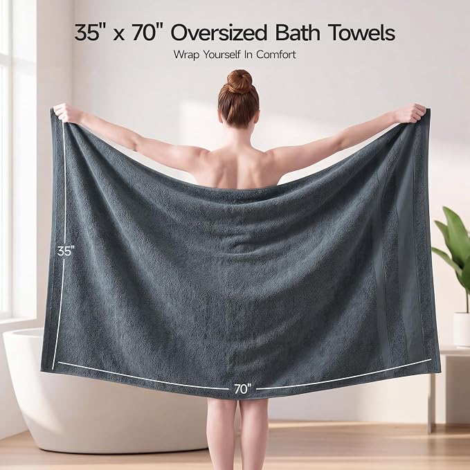 REDKISS 2 Pack Bath Towels Set, 35 X 70 Inches Oversized Bath Sheets, Gray | 100% Cotton, Ultra Soft, Super Absorbent, Quick Dry Large Bathroom Towels for Bathroom, Gym, Spa, Pool, Hotel & Family Use