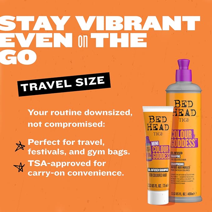 Bed Head by TIGI Colour Godess Shampoo Travel Mini – Oil Infused Shampoo for Color Treated Hair, 2.53 fl oz (Pack of 2)
