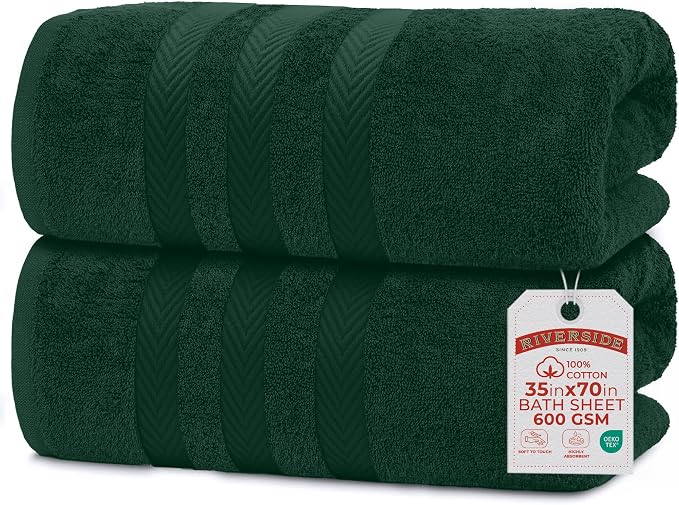 RIVERSIDE Pack of 2 Extra Large Bath Sheets 35 x 70 Inches, 100% Ring Spun Cotton, Hotel Quality, Oversized Bath Towels for Adults, Soft, Highly Absorbent & Quicker to Dry, Hunter Green