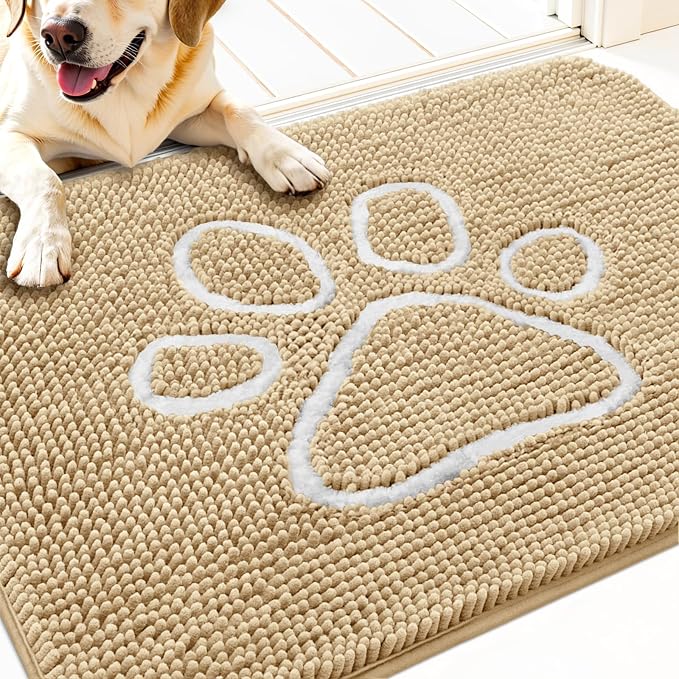 OLANLY Dog Door Mat for Muddy Paws 32x20, Paw Print Design, Absorbs Moisture and Dirt, Absorbent Non-Slip Washable Doormat, Quick Dry Chenille Mud Mat for Dogs, Entry Indoor Entryway Carpet, Beige