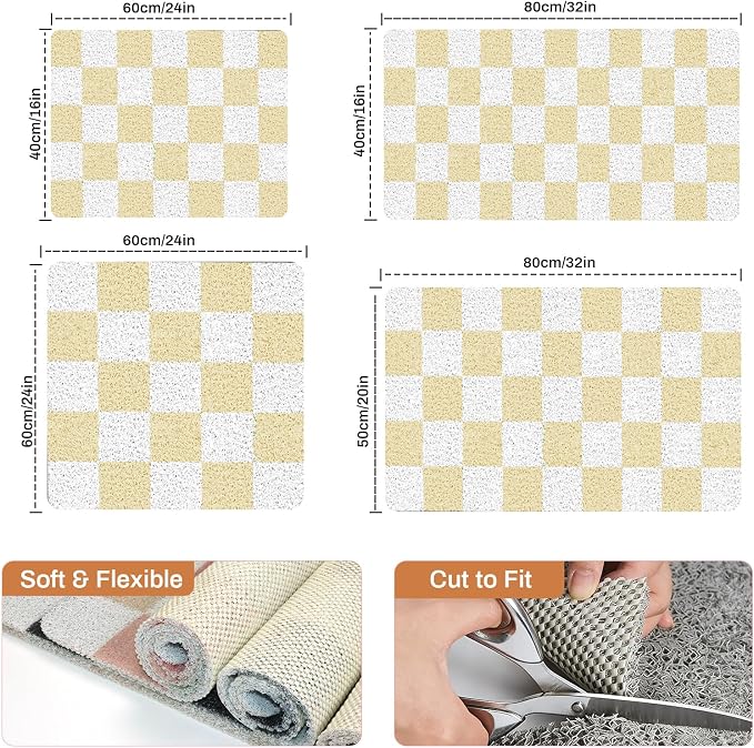 Non Slip Loofah Shower Mats 24"x16", PVC Loofah Bath Mat for Inside Shower, Quick Dry Soft Bath Mat for Bathroom Floor, Tub Pool Kitchen Entryway Home Hotel, Beige Checkered