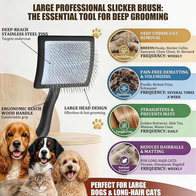 Wooden Long Pin Slicker Brush for Dogs, Doodles, Poodles, Long Hair | Grooming, Detangling, and Fluffing for Wavy and Curly Hair—Designed for Heavy, Thick Coats to Prevent Matting at Home