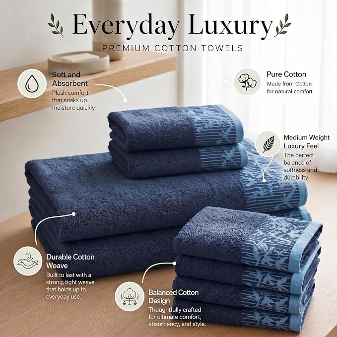 Superior Floral Jaquard Cotton Bathroom Towels, 3pc Towel Set, Navy Blue | Soft Absorbent Quick Dry Terry Weave, Hotel Quality, Wisteria Towels Includes 1 Bath Towel, 1 Hand Towel, 1 Face Washcloth