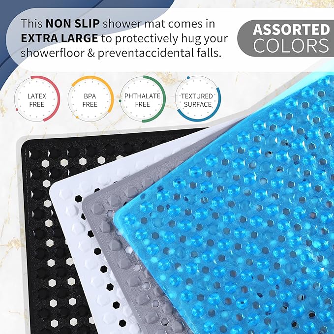Yimobra Square Shower Floor Mat Non Slip, 21"X21" Machine Washable Bath Tub Mat, Soft on Feet, Bathmat with Drain Holes and Suction Cups, Fast Draining, Grey