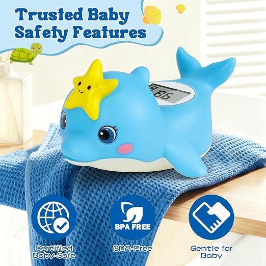 Baby Bath Thermometer, Dolphin Floating Water Thermometer with Safety Alert | Floating dolphin design | IPX7 waterproof | Hot & cold safety alert | Fast digital reading | Ideal for newborn bath time