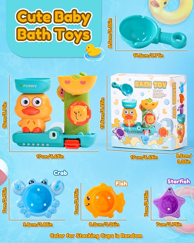 Toddler Bath Toys for Kids Ages 1-3 Waterfall Bathtub Toys for Toddlers 2-4 | with 3 Strong Suction Cups & Stacking Cups Battery-Free Duck Sensory Shower Toys for Boys Girls Gifts