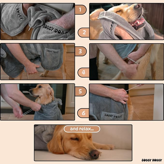 SOGGYDOGGY® US: Luxury Dog Bathrobe, Super Absorbent Microfiber Dog Bath Supplies, Fast Dry in Minutes, Thick & Soft Robe - Pet Grooming, Wash & Pet Hair Dryer - All-Season Dressing Gown (L)