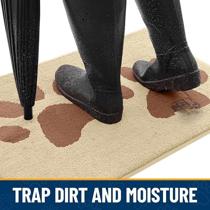 Smiry Dog Door Mat for Muddy Paws, Absorbs Moisture and Dirt, Low-Profile Entryway Mat with Non-Slip Backing, Entry Indoor Outdoor Doormat for Inside Floor (40x32 Inches, Light Beige, Paw)