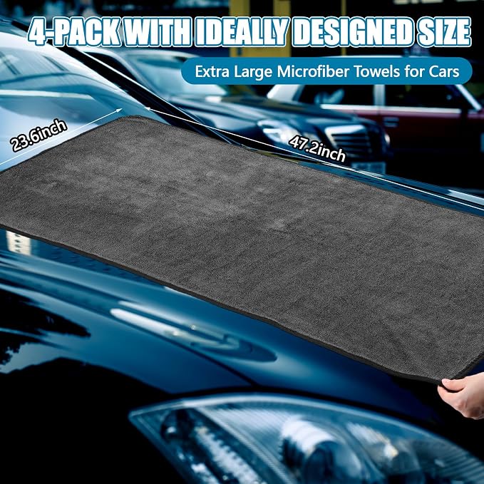 Tegeme 4 Pack Extra Large Car Drying Towels 48" x 24" Microfiber Towels for Car Detailing Ultra Absorbent Cleaning Cloth Without Streaks, Water Spots, Scratches for Trucks, Boat