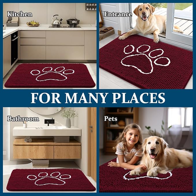 OLANLY Dog Door Mat for Muddy Paws 59x32, Paw Print Design, Absorbs Moisture and Dirt, Absorbent Non-Slip Washable Doormat, Quick Dry Chenille Mud Mat for Dogs, Entry Indoor Entryway Carpet, Burgundy