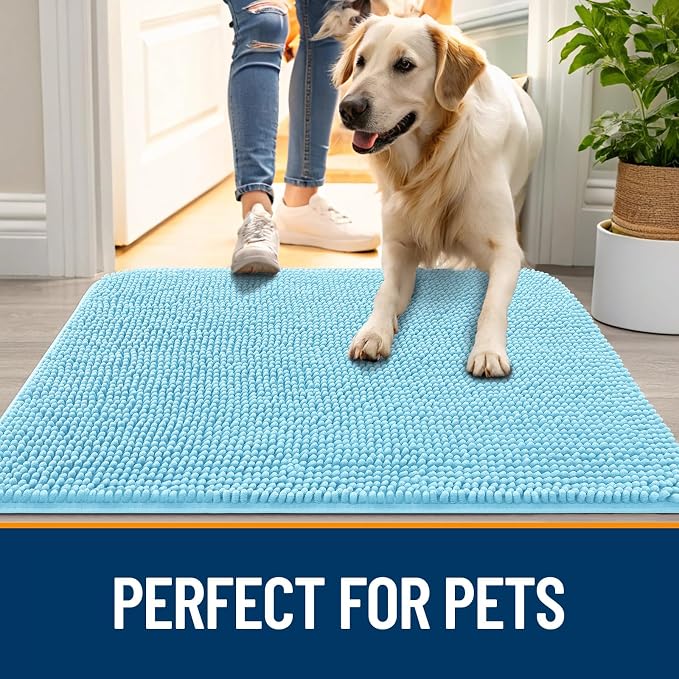 OLANLY Dog Door Mat for Muddy Paws 59x32, Absorbs Moisture and Dirt, Absorbent Non-Slip Washable Doormat, Quick Dry Chenille Mud Mat for Dogs, Entry Indoor Entryway Carpet for Inside Floor, Blue