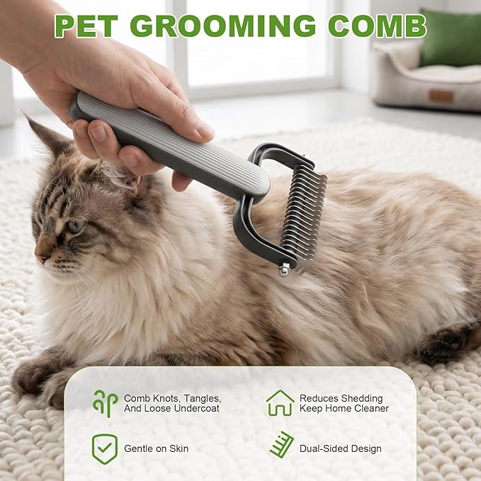2026 New Double-Sided Dematting Comb for Dogs & Cats, Pet Grooming Tool for Long Haired Thick Double Coat Pets, Undercoat Rake Deshedding Brush for Tangles Matted Shedding Fur, Green-L-1Pcs