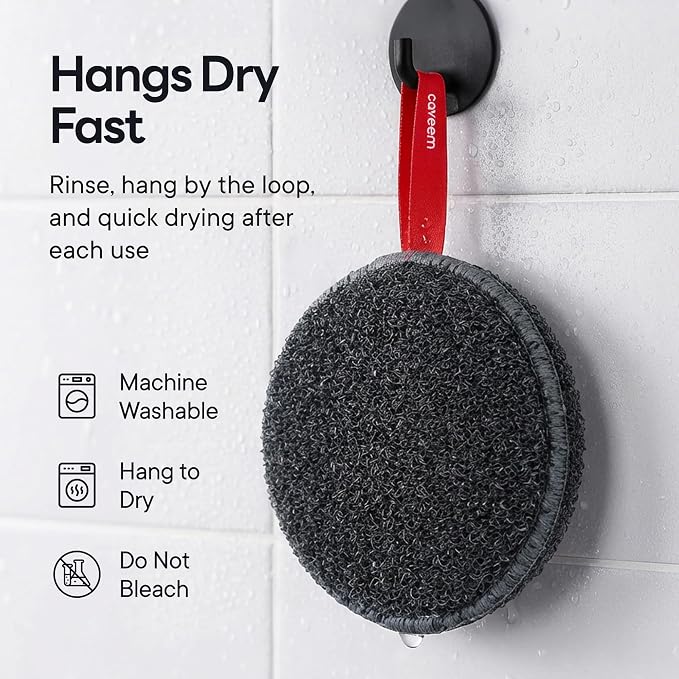 Caveem Round Exfoliating Body Scrubber, Shower Exfoliator Sponge, Body Scrub for Removing Dead Skin, Bath and Body Buffer, Round Exfoliating Sponge for Shower - 2 Pack (Dark Grey)
