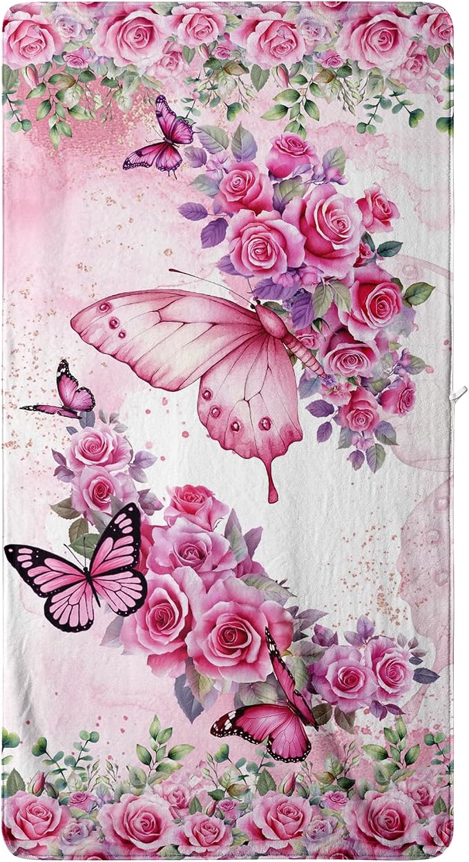 Pink Butterfly Flowers Bath Towel - Spring Rose Microfiber Beach Towel Decorative Bath Sheet for Women Bathroom