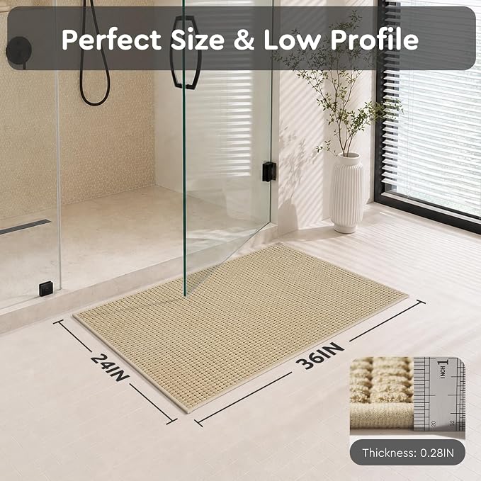 tchdio Bathroom Rugs, Absorbent Quick Dry Thin Bath Mat, Non Slip Washable Bath Rugs with Solid Rubber Backing, Low Profile Bath Mats for Bathroom, Beige, 24" x 36"