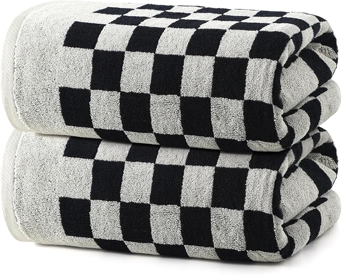 REDKISS 2 Piece Large Black and White Bath Towels Set - 27”x55” Highly Absorbent 600GSM Cotton Checkered Towels for Bathroom Decoration, Retro Checkered Design