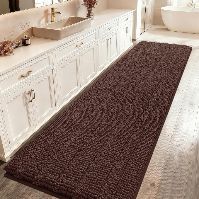 ACCUMTEK Striped Brown Bathroom Rug Mat 59"x20" Ultra Soft, Non Slip Chenille Bath Rugs, Absorbent Plush Shaggy Bath Mats for Bathroom, Bedroom, Kitchen, Shower, Tub