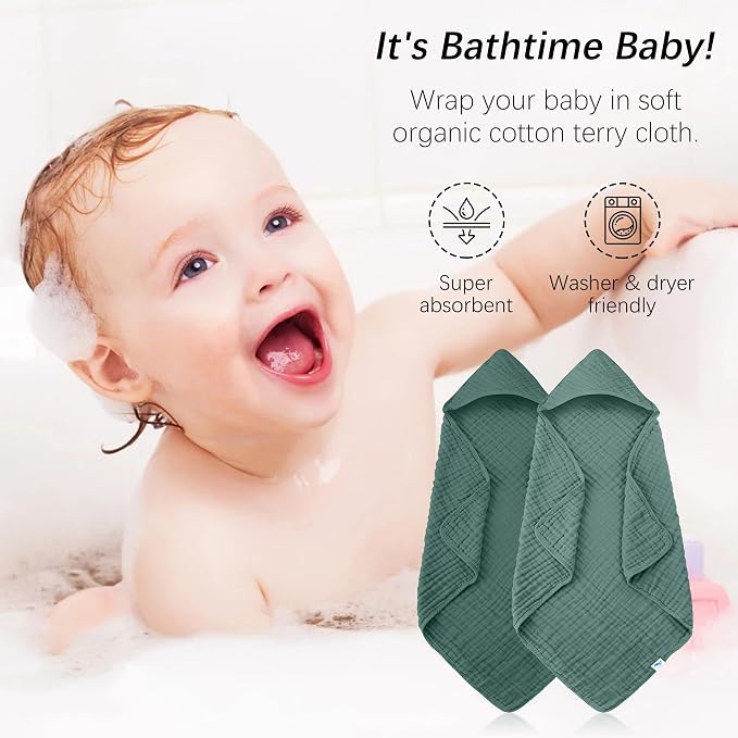 SWEET DOLPHIN Muslin Hooded Baby Bath Towels - 2 Pack 100% Cotton Towel for Babies, Infants, Toddlers - 32x32Inch - Highly Absorbent and Newborn Essential, Deep Emerald