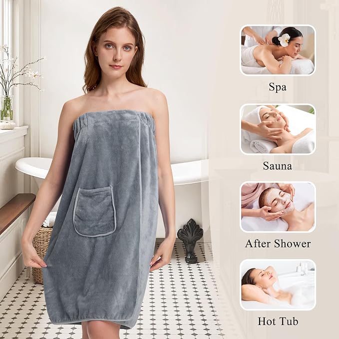 PJGGZ Towel Wrap for Women, Three Adjust Clasps Closure Bath Wraps After Shower Spa Sauna Bathrobe(Available in Plus Size)