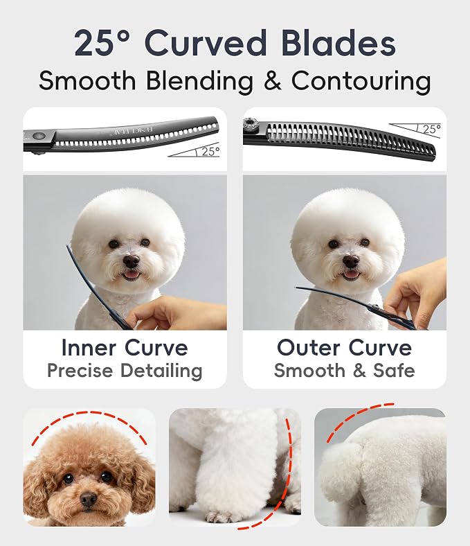 Professional Dog Grooming Scissors Pet Curved Chunker Shears 7.0'' Extremely Sharp Blades 440C Steel Thinning Scissors Durable Smooth Motion & Fine Cut for Dogs and Cats (Multicolored)