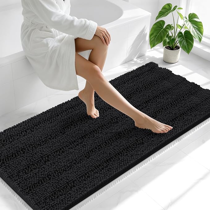 Smiry Thick Chenille Bathroom Runner Rugs 59x24, Absorbent Striped Bath Mat, Machine Washable, Rubber Backing, Extra Long Bath Rugs for Tub & Shower, Modern Home Decor Accessories, Black