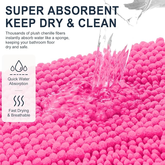 Smiry Thick Chenille Bathroom Rugs 30x20, Extra Soft Absorbent Striped Bath Mat, Machine Washable, Rubber Backing, Bath Rugs for Bathroom, Tub & Shower, Home Decor Accessories, Hot Pink