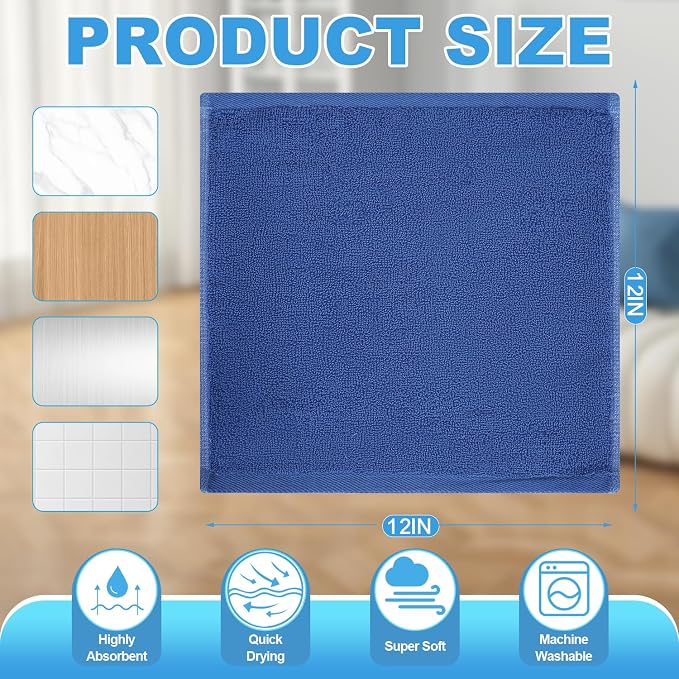 12 Pack 100% Cotton Wash Cloth, 12x12 Inch Highly Absorbent and Soft Feel Fingertip Towels, Machine Washable Washcloths for Bathroom, Gym, Hotel, Spa and Kitchen, Blue