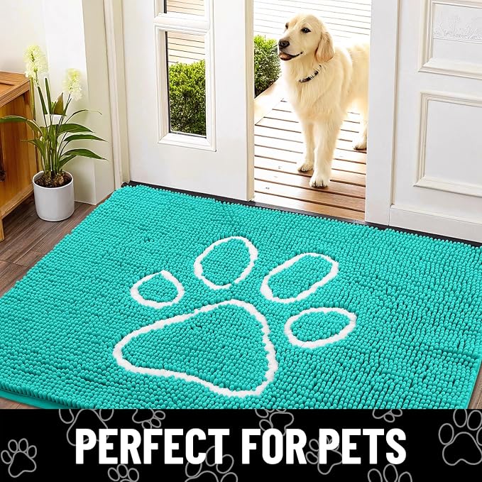 Smiry Dog Door Mat for Muddy Paws, Absorbent Dirt Trapper Non Slip Quick Dry Washable Chenille Mat for Mud Dogs, Entry Rug for Indoor and Outdoor (36x24 Inches, Turquoise and White)
