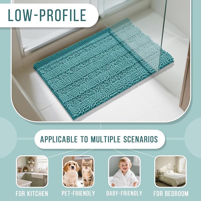 Yimobra Bathroom Rug Mat 47 x 24, Non Slip and Super Absorbent Bath Mat,Machine Washable Quick Dry,Ultra Plush Chenille Shower Rugs for Bathroom Floor Sink Tub and Shower Outside,Teal Blue