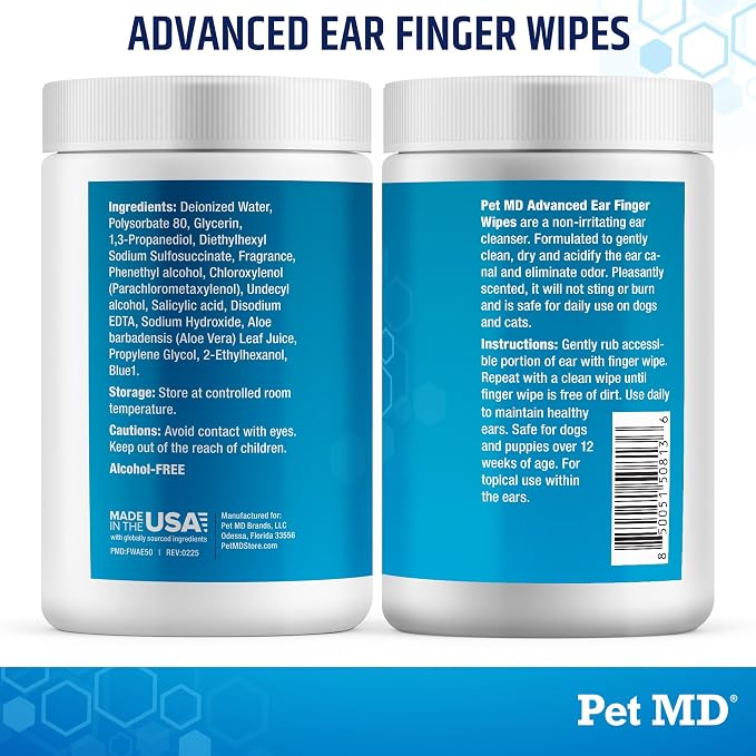 Pet MD Advanced Ear Finger Wipes for Dogs & Cats - Cucumber Melon (50ct) | Non-Irritating Cat Ear Wipes & Puppy Ear Cleaner - Pet Safe Cleaner to Aid in Itchiness and Odor