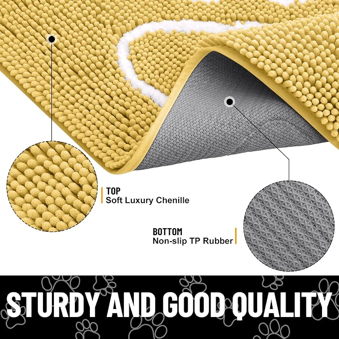 Smiry Dog Door Mat for Muddy Paws, Absorbent Dirt Trapper Non Slip Quick Dry Washable Chenille Mat for Mud Dogs, Entry Rug for Indoor and Outdoor (30x20 Inches, Yellow and White)