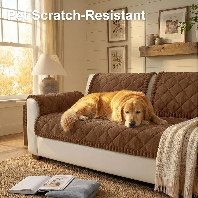Smiry Couch Cover for Dogs, Non Slip Washable Pet Sofa Protector for Large Dogs, Cats, Fuzzy Plush Sofa Covers for 3 Cushion Couch, Against Fur, Dirt & Scratch Resistant, Brown, 35.4"×95"