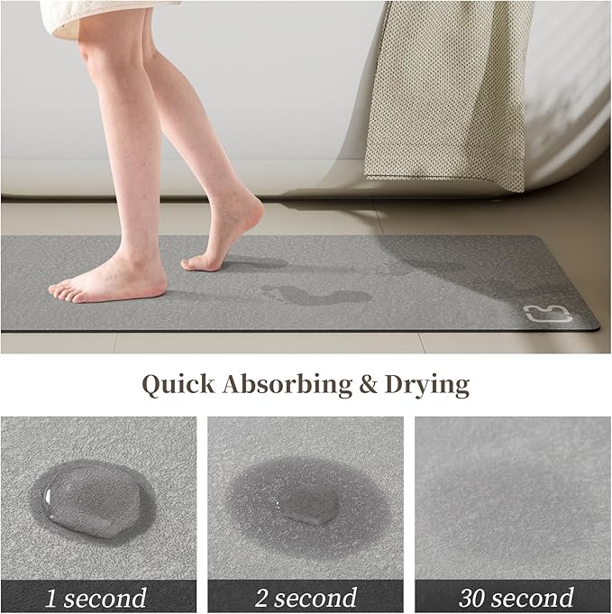 RUERYA Diatomaceous Earth Bath Mat Rug Super Absorbent Diatomite Stone Bath Mat Non Slip Quick Dry Thin Bathroom Mat Fit Under Door, Floor Rugs in Front of Bathtub,Shower Room,Sink,17"x27.5", Grey