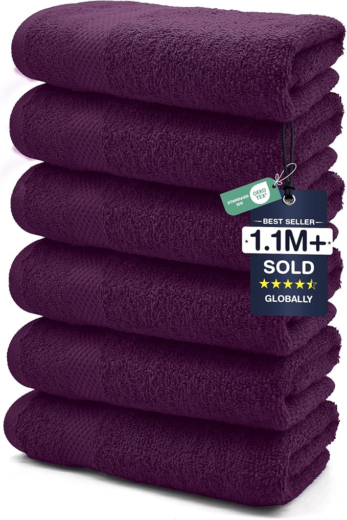 DAN RIVER 6-Pack Premium Hand Towels (16x28 Inches) - 100% Cotton, Ultra Soft, Lightweight, Highly Absorbent Towels for Bathroom, Spa, Gym, Salon, Hotel, and Travel - Purple Passion
