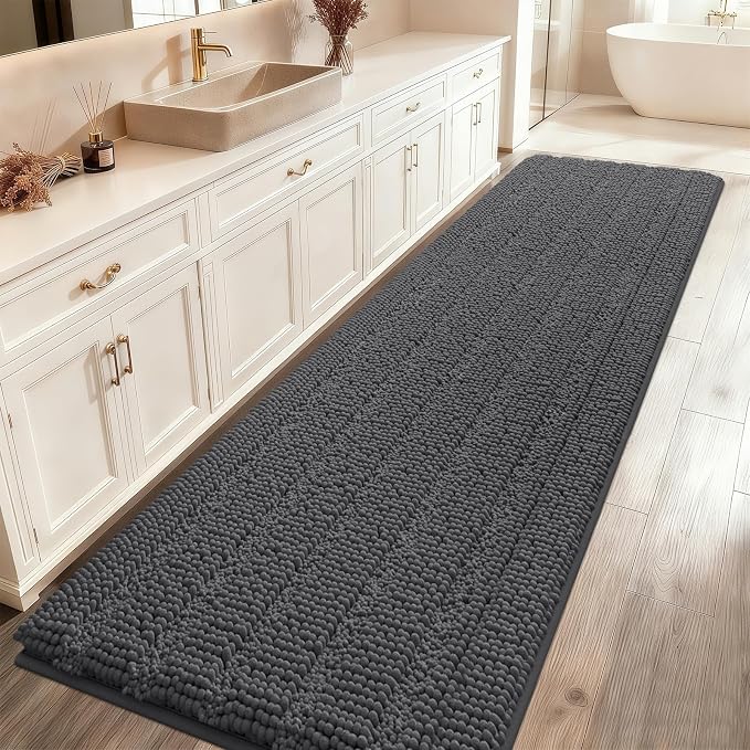 ACCUMTEK Striped Grey Bathroom Rug Mat 59"x24" Ultra Soft, Non Slip Chenille Bath Rugs, Absorbent Plush Shaggy Bath Mats for Bathroom, Bedroom, Kitchen, Shower, Tub,Dark Gray, Charcoal
