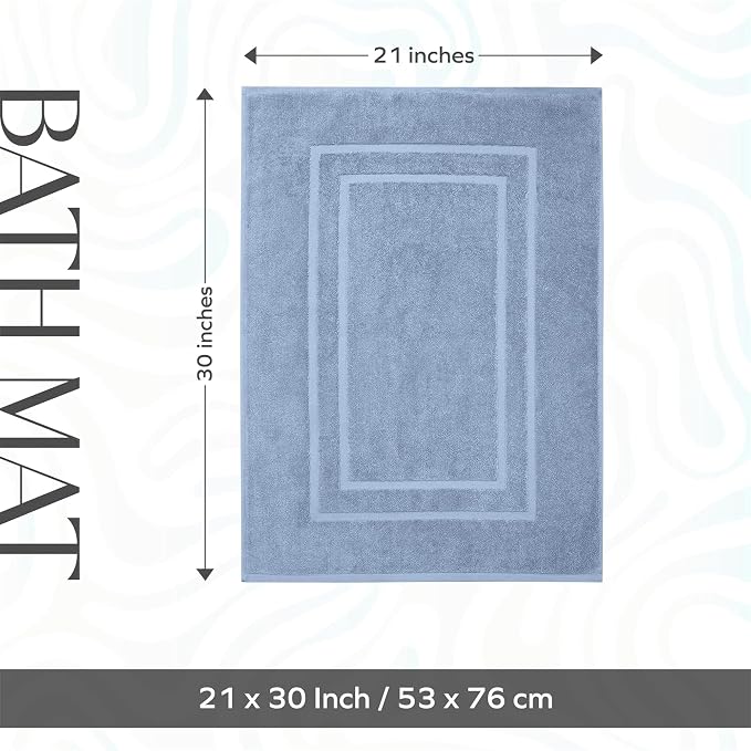Feather & Stitch 2 Piece Towel Like Bath Mats (30x21 Inch) 100% Cotton Terry Bath Mats, Bathroom Shower Floor Mats [NOT A Bathroom Rug], Soft Absorbent Washable Mats - Pool Blue
