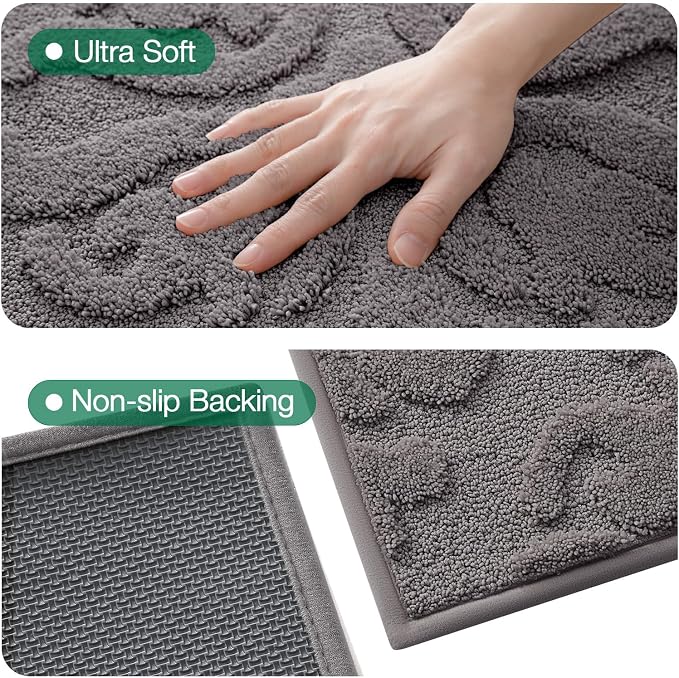 LUMI Bathroom Rugs Non Slip Rubber Backing, Ultra Soft Microfiber Bath Mat Machine Washable, Elegant Floral Bath Rugs for Shower Floor, Bathtub, Sink, 17x30, Grey