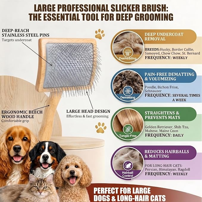 Wooden Long Pin Slicker Brush for Dogs, Doodles, Poodles, Long Hair | Grooming, Detangling, and Fluffing for Wavy and Curly Hair—Designed for Heavy, Thick Coats to Prevent Matting at Home