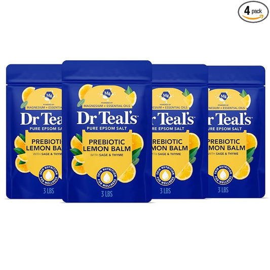 Dr Teal's Pure Epsom Magnesium Salt Soak, Prebiotic Lemon Balm & Essential Oil, 3 lbs (Pack of 4)