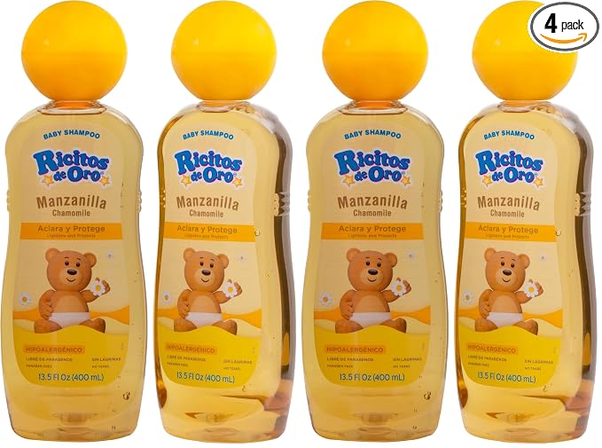 Ricitos de Oro, Baby Shampoo Cleansing and Lightening Baby Shampoo with Chamomile, Paraben Free, Hypoallergenic of 13.5 FL Oz Each,(Pack of 4)