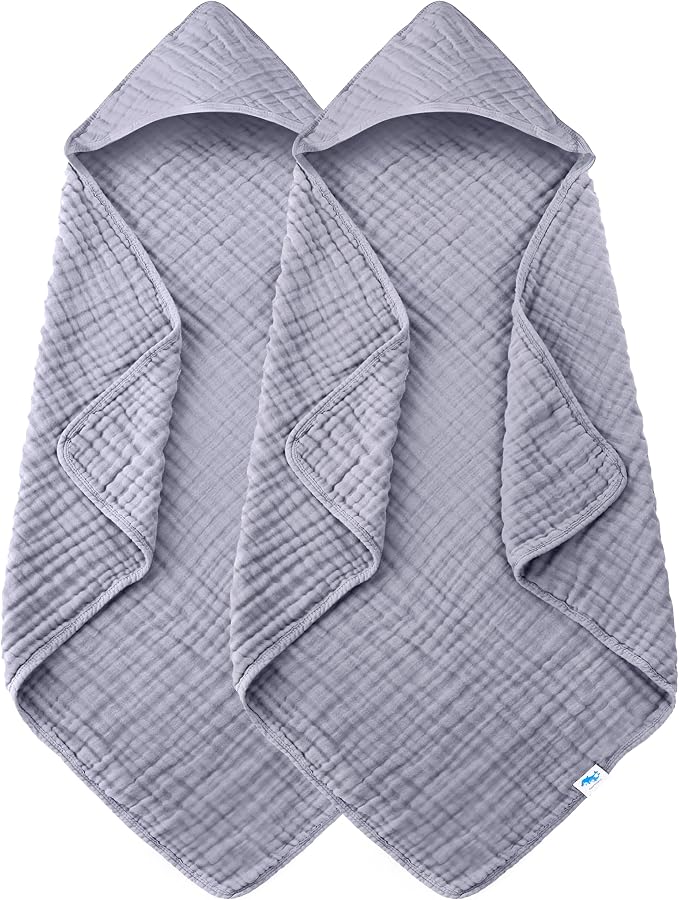 SWEET DOLPHIN Muslin Hooded Baby Bath Towels - 2 Pack 100% Cotton Towel for Babies, Infants, Toddlers - 32x32Inch - Highly Absorbent and Newborn Essential, Grey