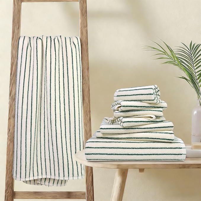 Jacquotha 8 Piece Green Towel Set, Super Soft & Absorbent Cotton Striped Towels for Bathroom Decor, 2 Bath, 2 Hand, 4 Washcloths